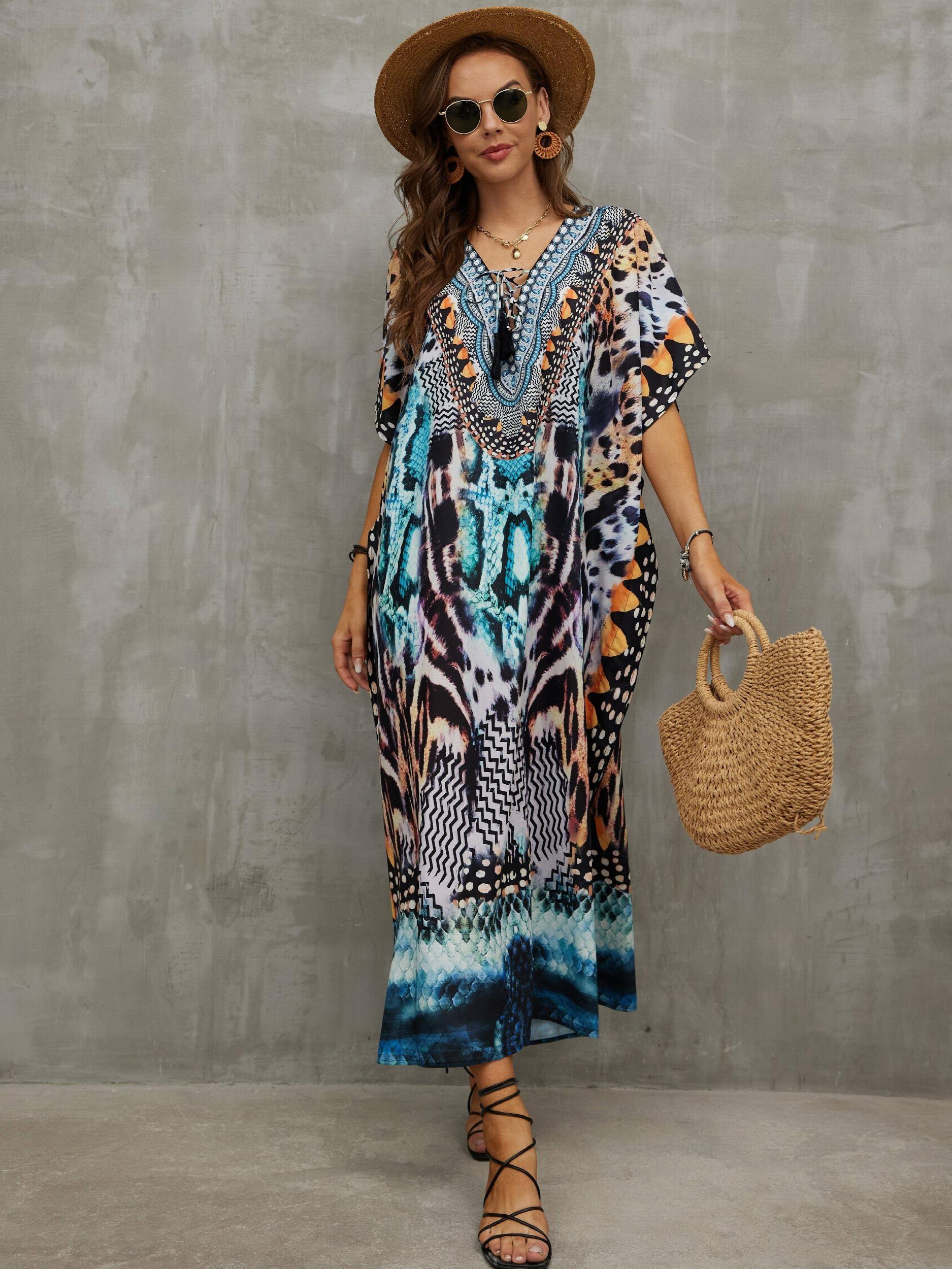 Boho Cover Up Dress Women's Plus Animal Skin Print Tassel Decor
