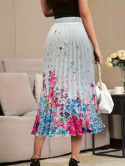 Floral Print Elastic High Rise Pleated Plus Size Maxi Skirt