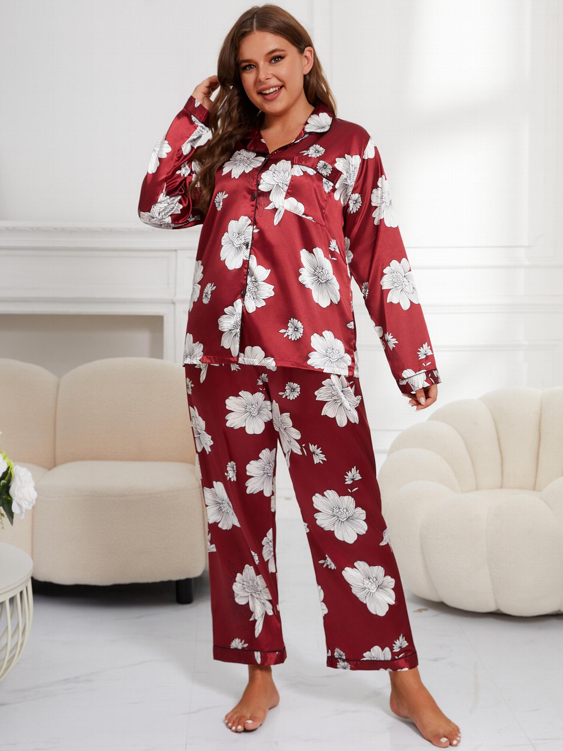 Floral Print Satin Shirt & Pants Pajamas Set