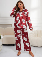 Floral Print Satin Shirt & Pants Pajamas Set