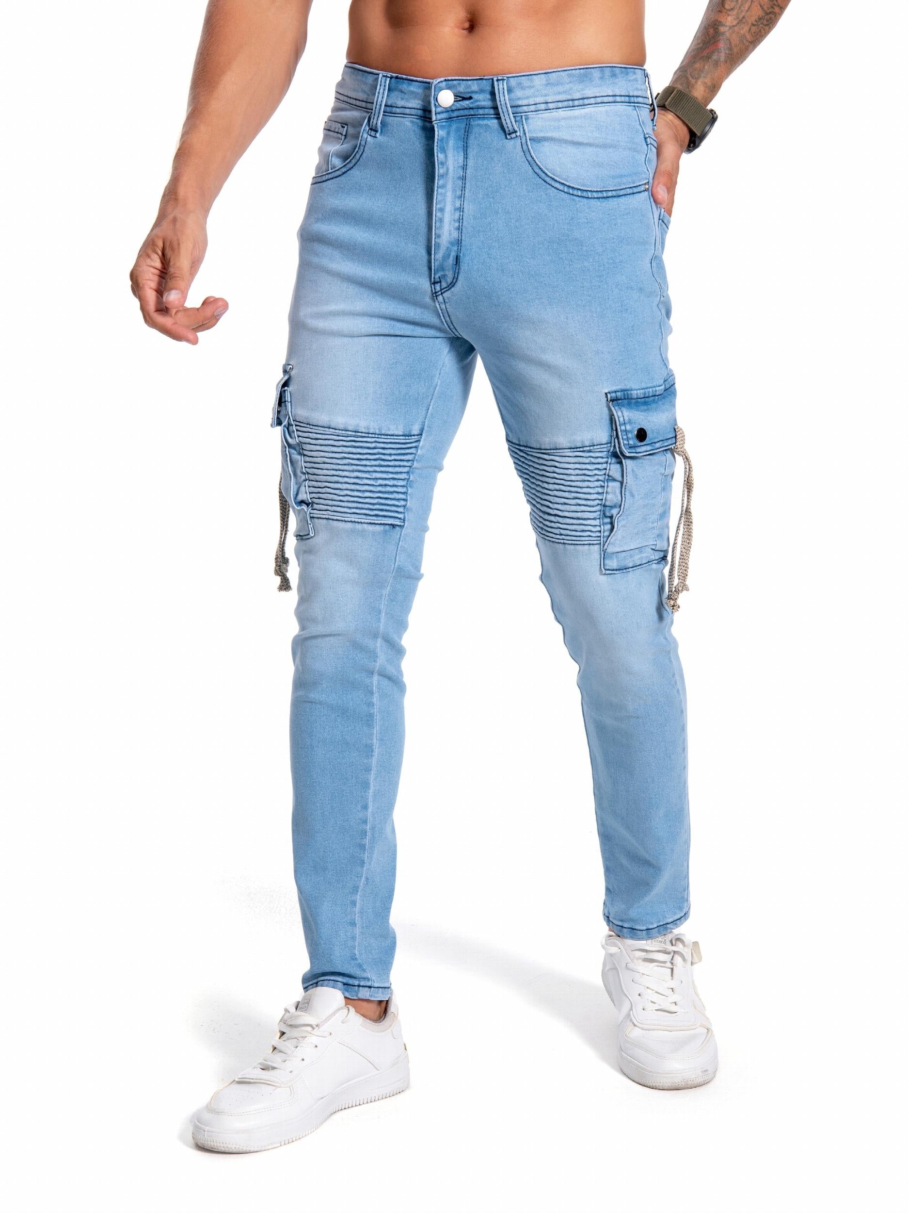 Men's Slim Fit Pocket Jeans Casual Street Style Distressed Denim Pants