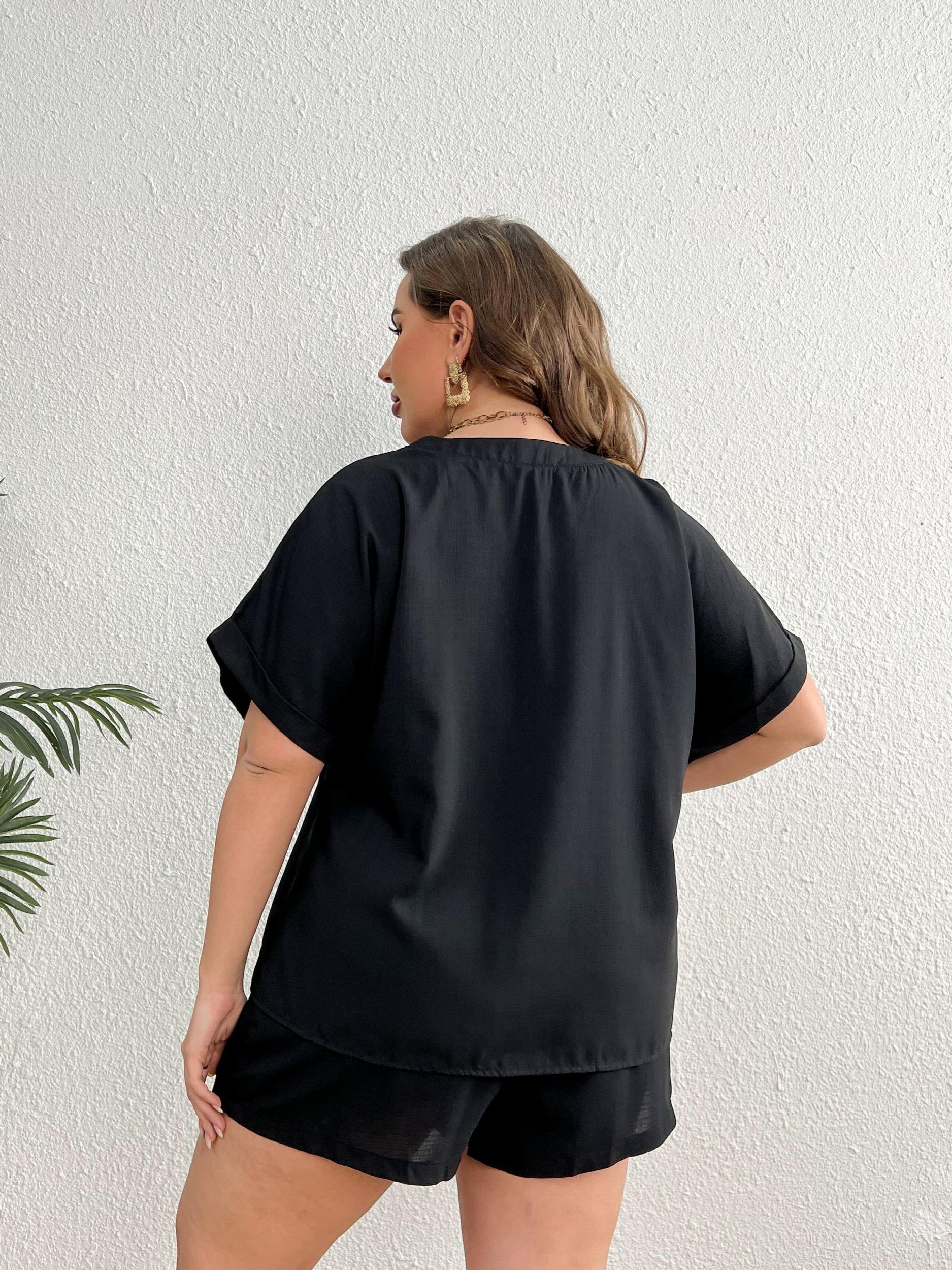 Solid Roll Up Batwing Sleeve Top & Pocketed Shorts Two Piece Set