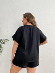 Solid Roll Up Batwing Sleeve Top & Pocketed Shorts Two Piece Set