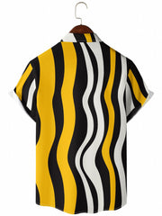 Wave Stripes Print Short Sleeve Beach Shirts Summer Casual