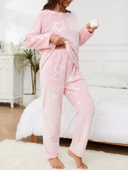 Heart Print Fuzzy Pajama Set Long Sleeve Top & Pants