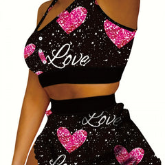 Sexy Pajama Set Splash & Heart Print Crop Cami Top & Shorts