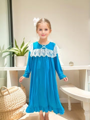 Girls Lace Up Neck Ruffle Pajamas Robe Kids Nightdress