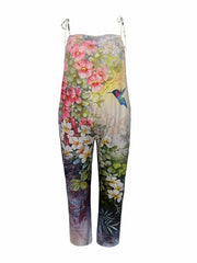 Floral & Bird Print Tie Shoulder Wide Leg Jumpsuit