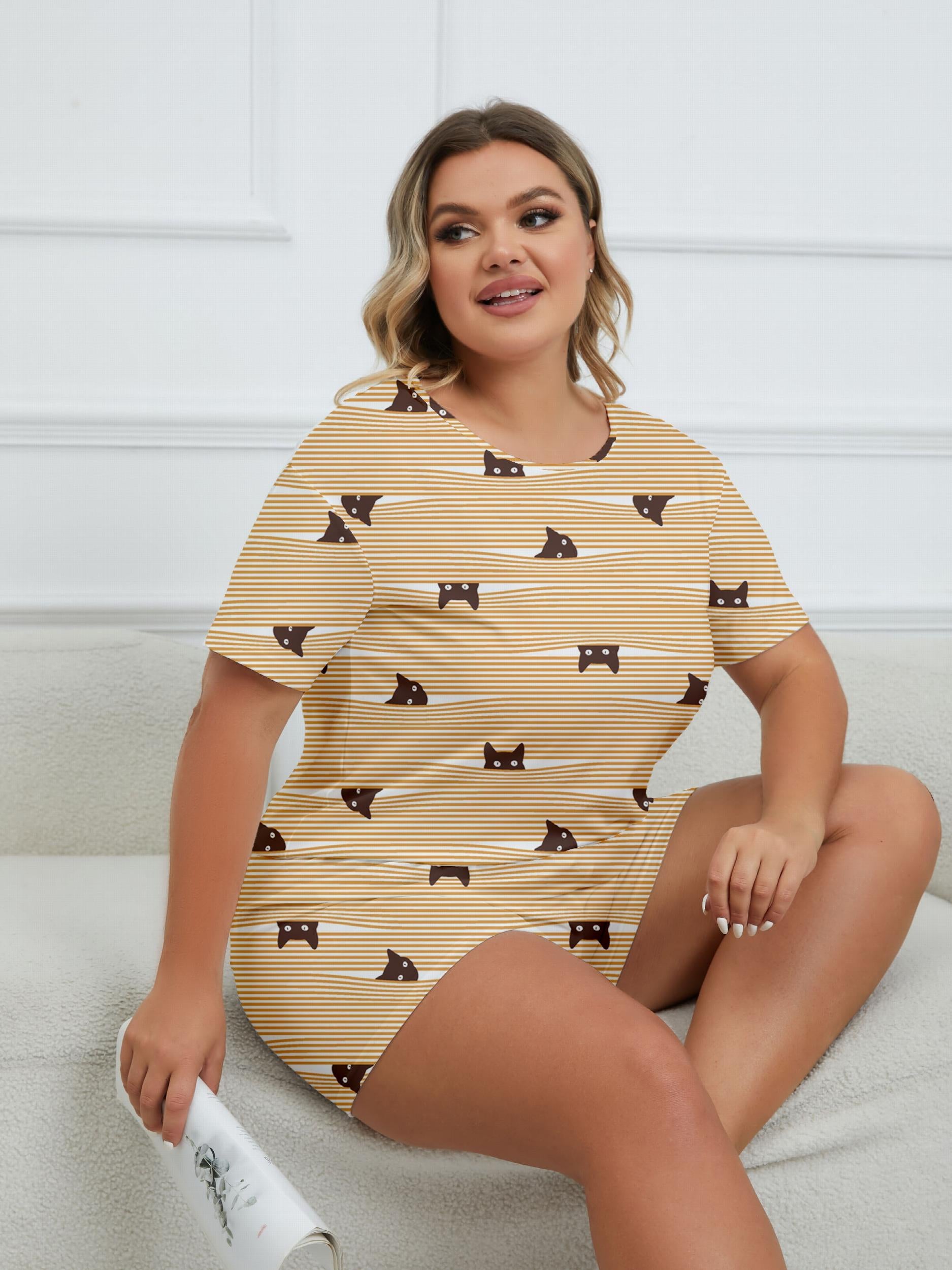 Cartoon Cat Stripe Print Pajama Set Women's Breathable Loungewear