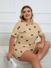 Cartoon Cat Stripe Print Pajama Set Women's Breathable Loungewear