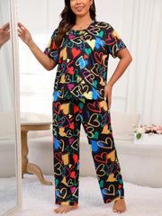 Heart Print Pajama Set Short Sleeve Tee & Pants Lounge Two Piece