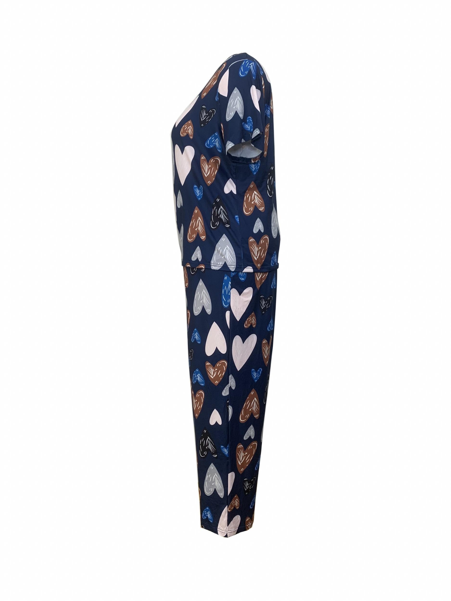 Heart Print Pajama Set - Short Sleeve T-shirt & Pants