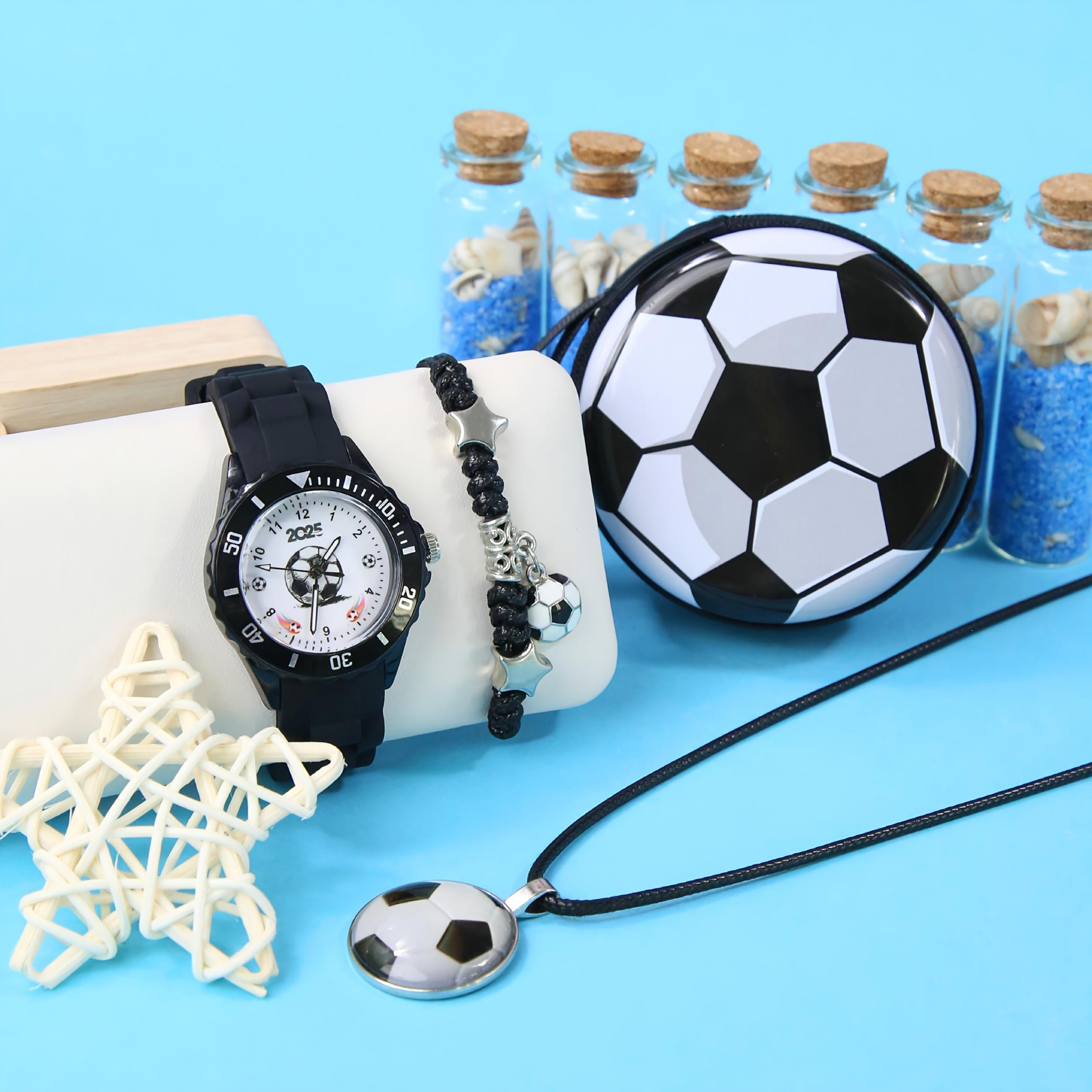 4pcs Boys' Quartz Watch Set Sport Style Silicone Strap Football Design