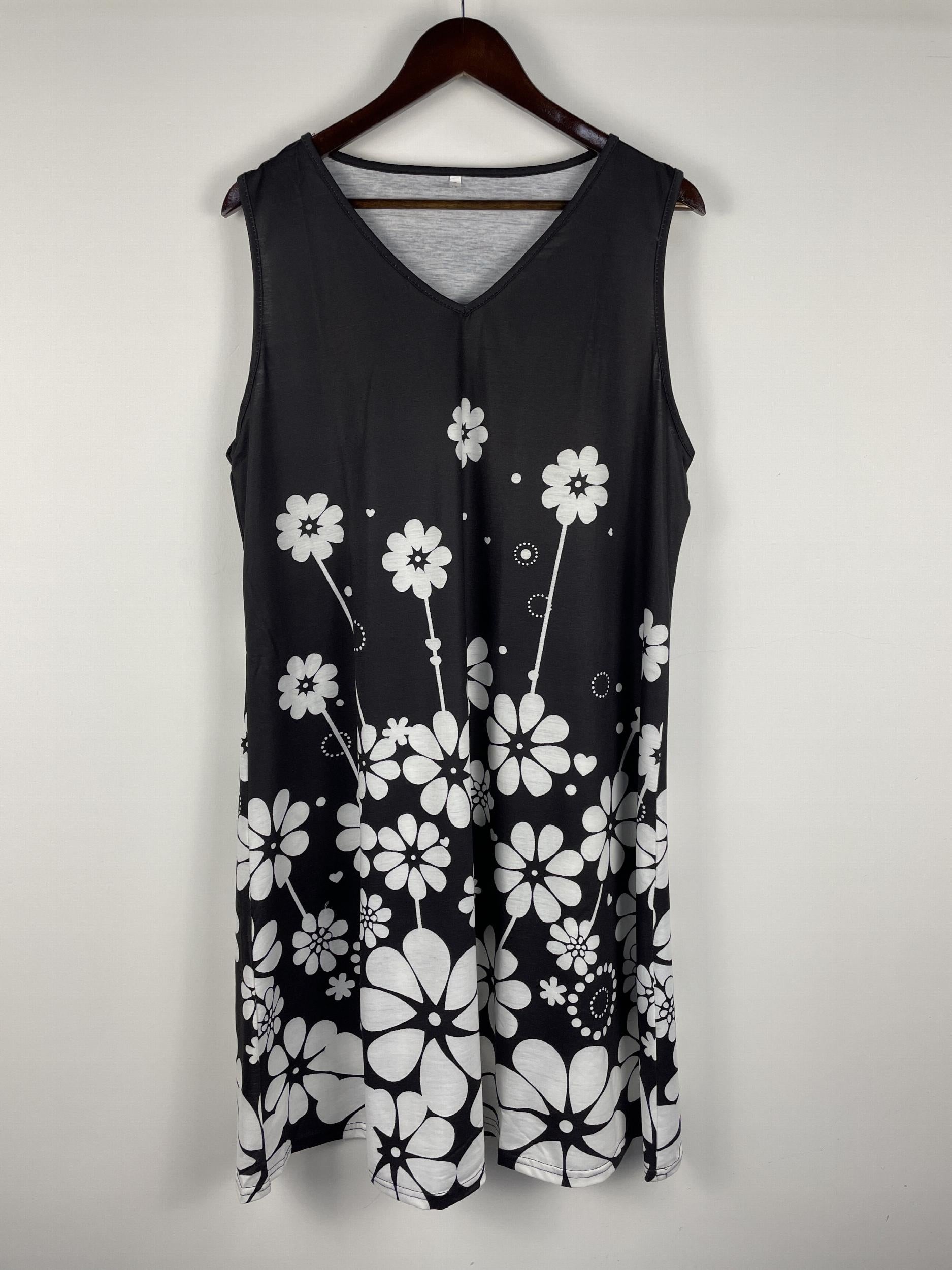 Casual Tank Dress Women's Plus Floral Print V Neck Slight Stretch