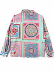 Boho Blouse Patchwork Print Long Sleeve Button Up Shirt Top