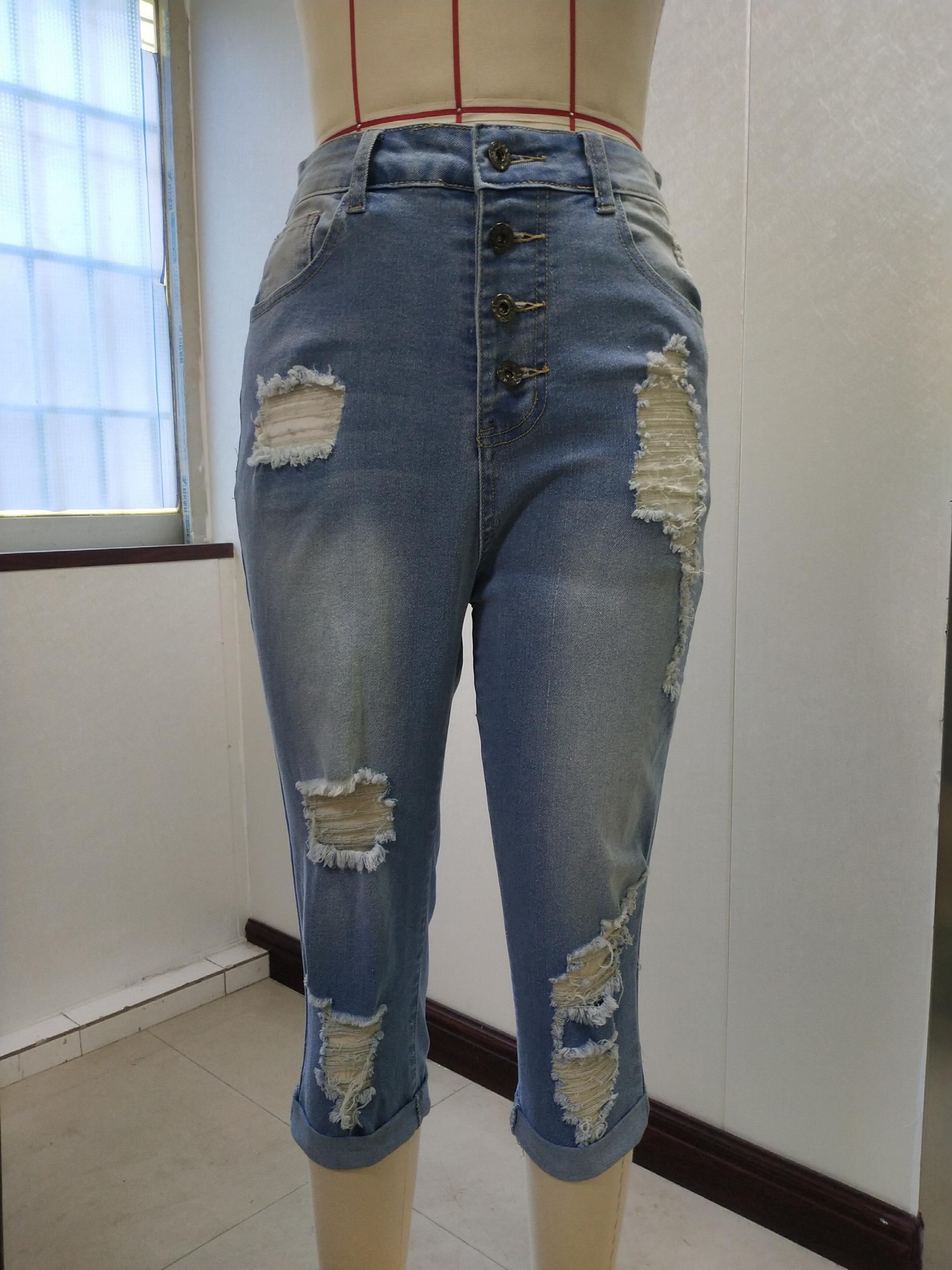 Dark Ripped Denim Shorts Slim Fit Distressed Slash Pockets