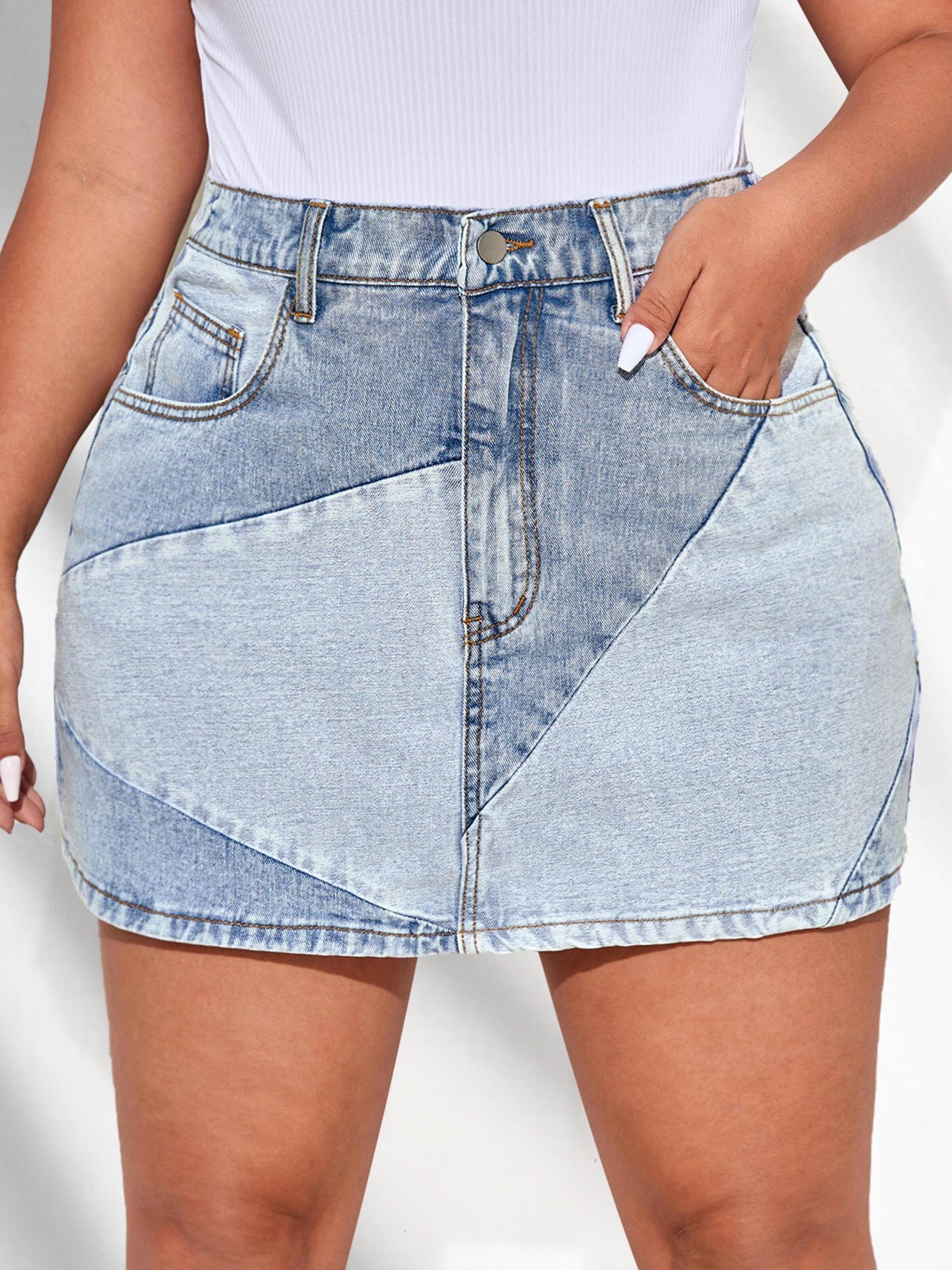 Casual Denim Skirt Women's Plus Washed Stitching Button Fly Mini