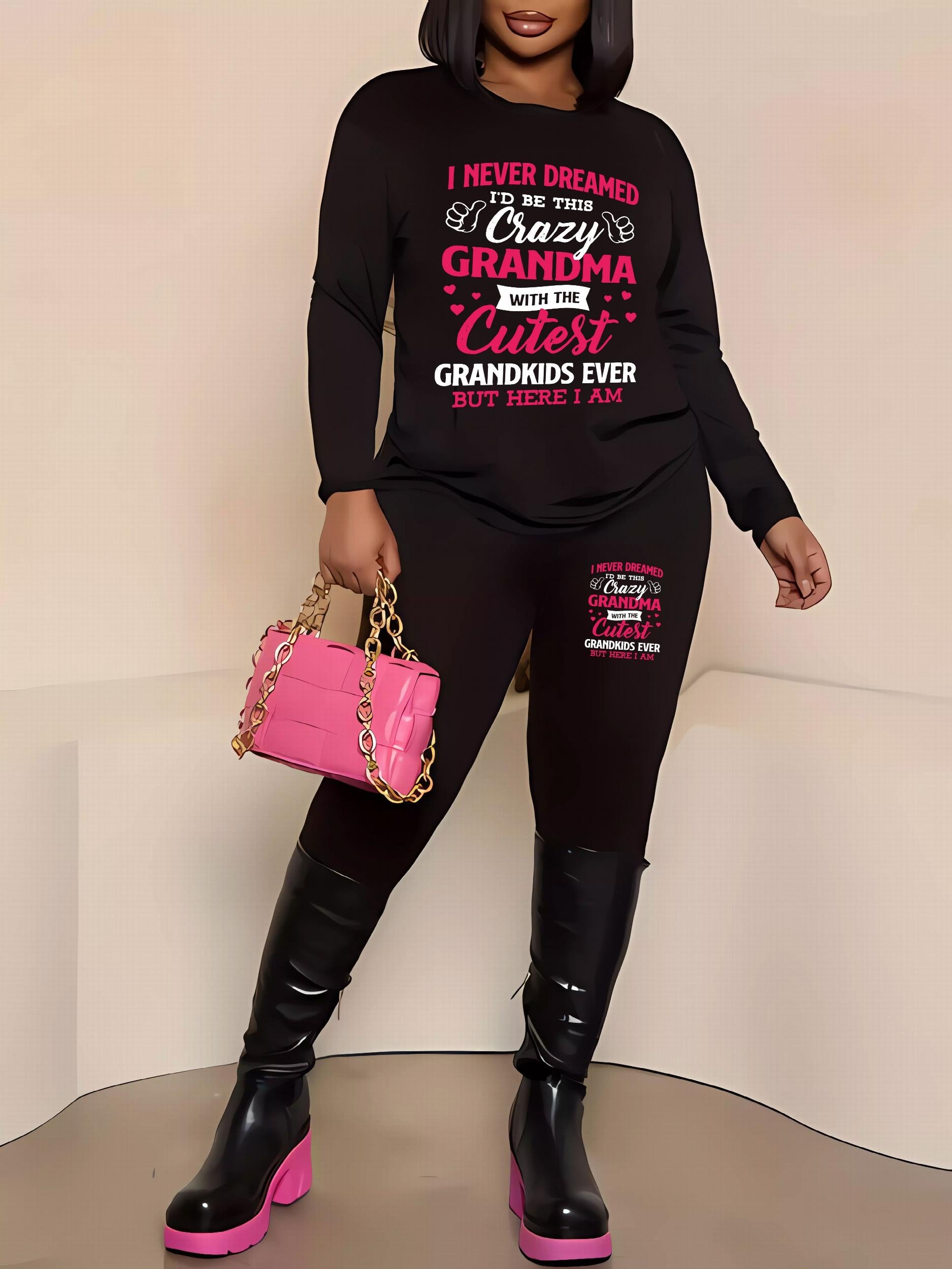 Slogan Print Long Sleeve Top & Leggings Outfits 2 Piece Set