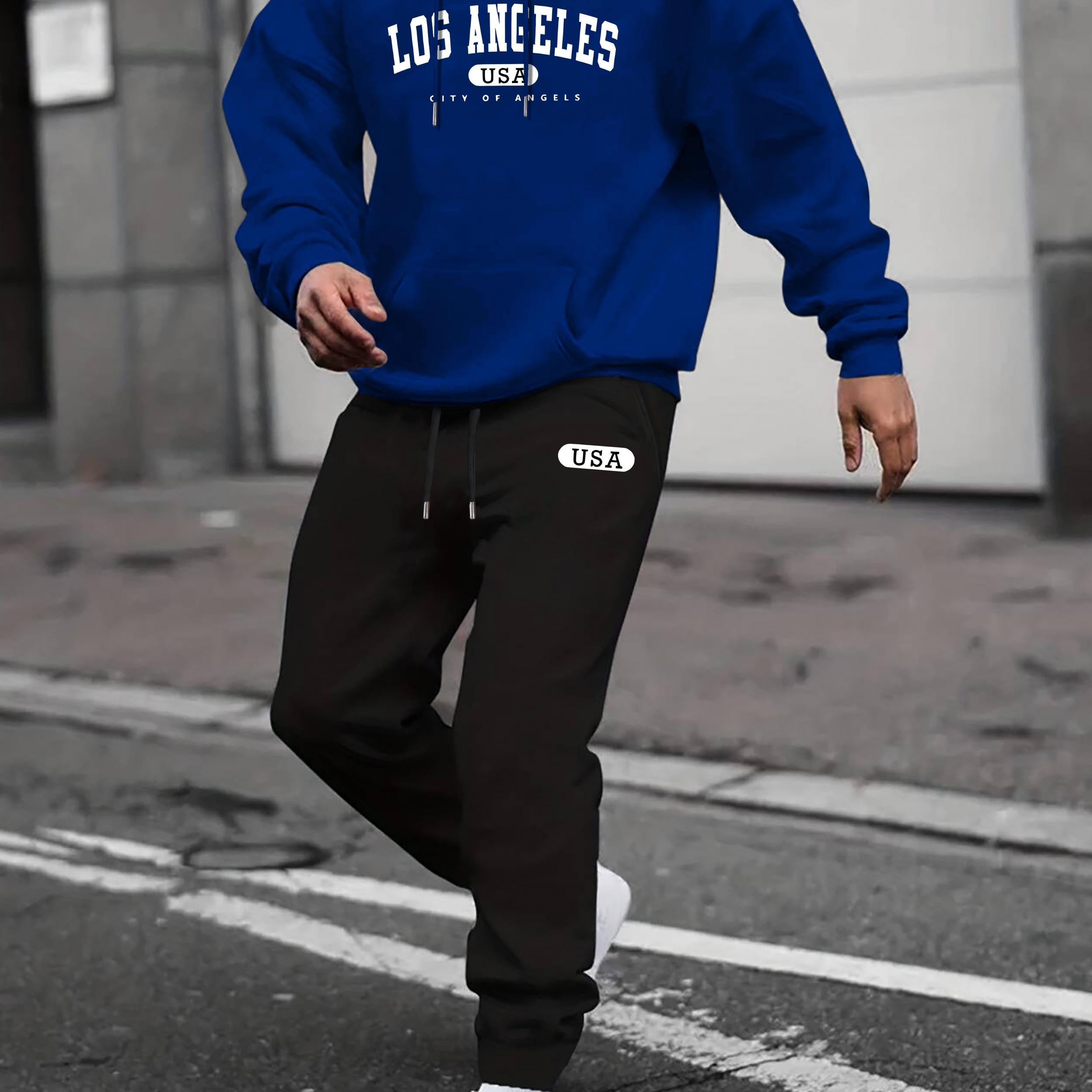 LA Men's 2Pcs Casual Crew Neck T Shirt Hooded Sweatshirt & Sweatpants Set