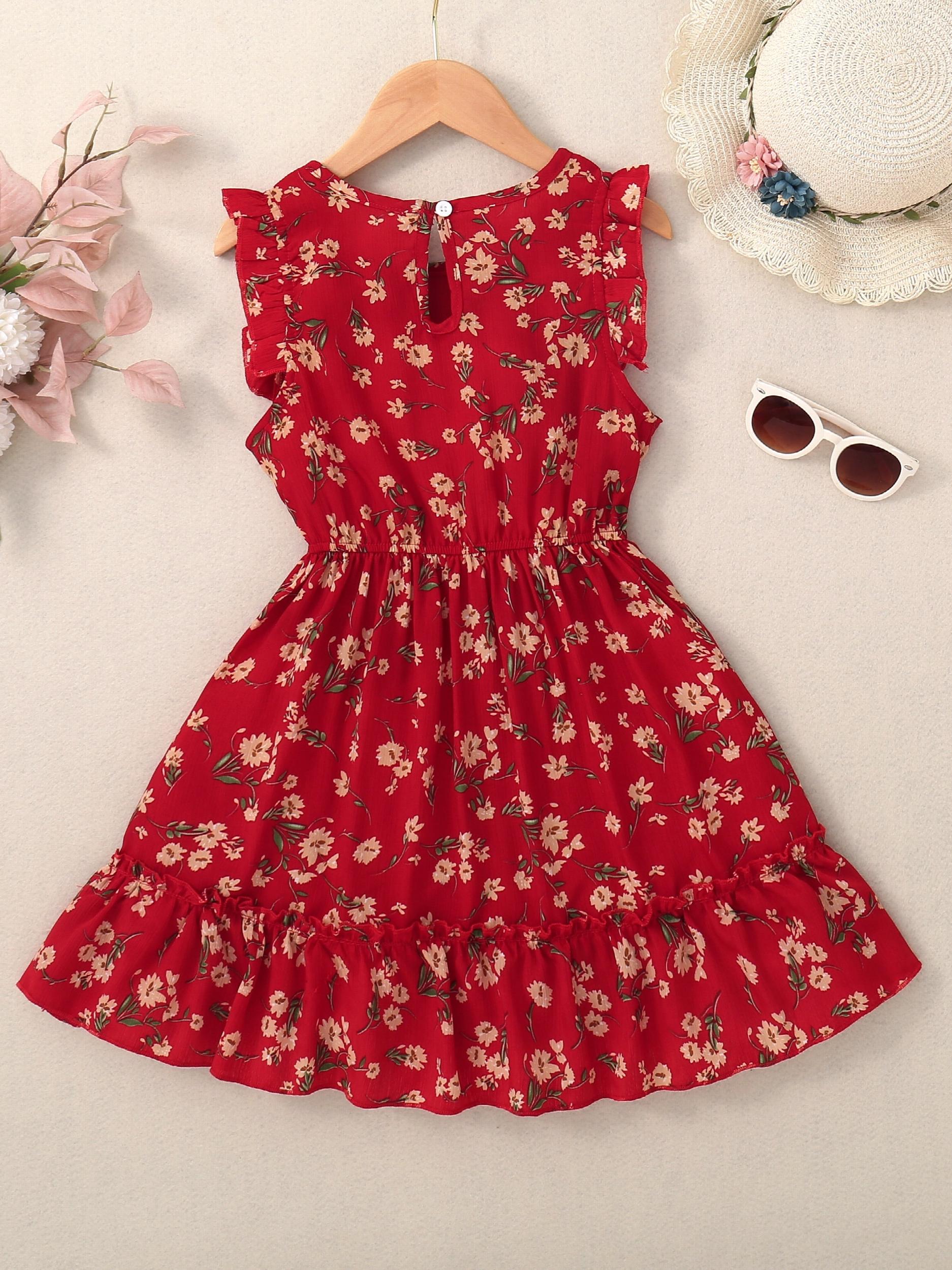 Girls Sweet Floral Ruffled Dress Sleeveless Ditsy Dress
