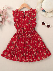 Girls Sweet Floral Ruffled Dress Sleeveless Ditsy Dress