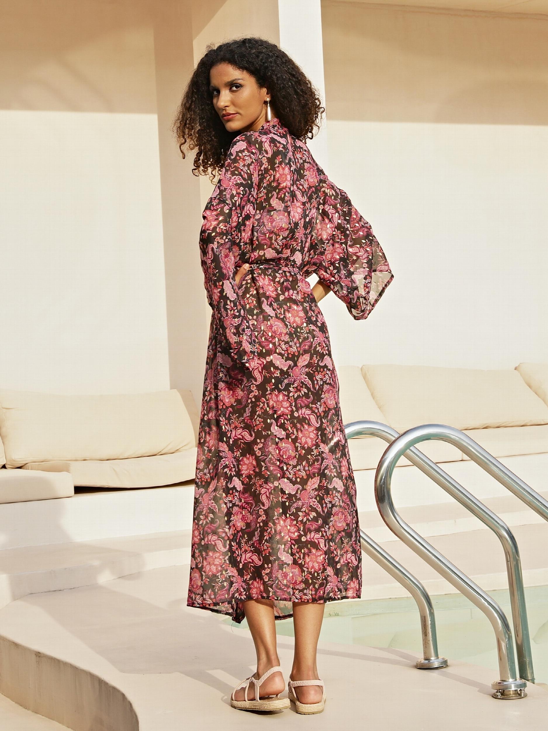 Floral Print Tie Belt Chiffon Cover Up Kaftan V Neck Kimono Sleeve