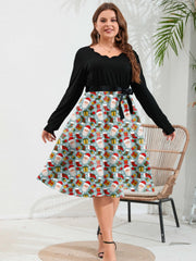 Christmas Dress Women's Plus Santa Claus Long Sleeve A line Midi Dress