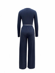 Solid Casual Two piece Set Crew Neck Long Sleeve Tops & Draped Wide Leg Pants