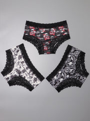 3pcs Gothic Lace Hipster Panties Halloween Skull Print Intimates