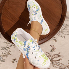 Women's Letter Printed Canvas Shoes Casual Lace Up Low Top Walking Shoes