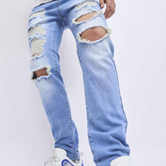 Straight Fit Ripped Jeans Men's Street Style Denim Pants