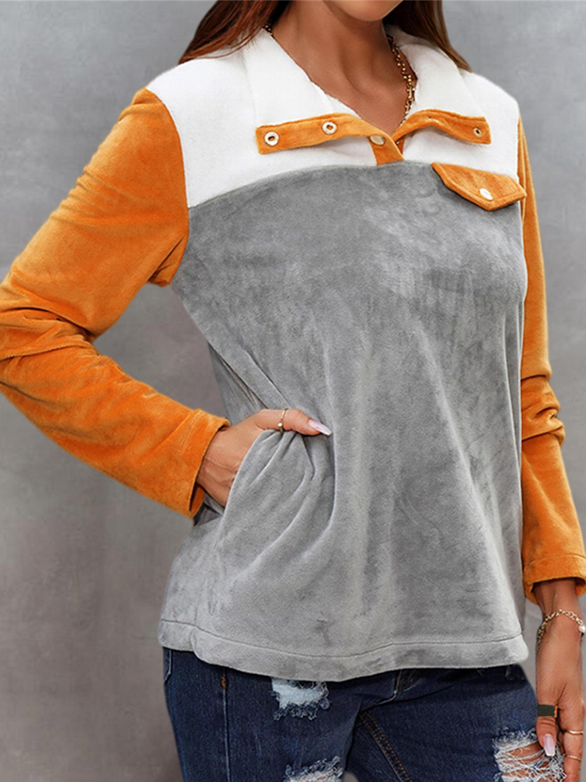 Women's Colorblock Stand Neck Teddy Long Sleeve Tops