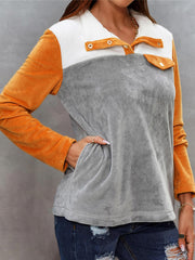 Women's Colorblock Stand Neck Teddy Long Sleeve Tops