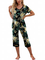 Leopard Print Lounge Set V Neck Short Sleeve Top & Elastic Waistband Pants