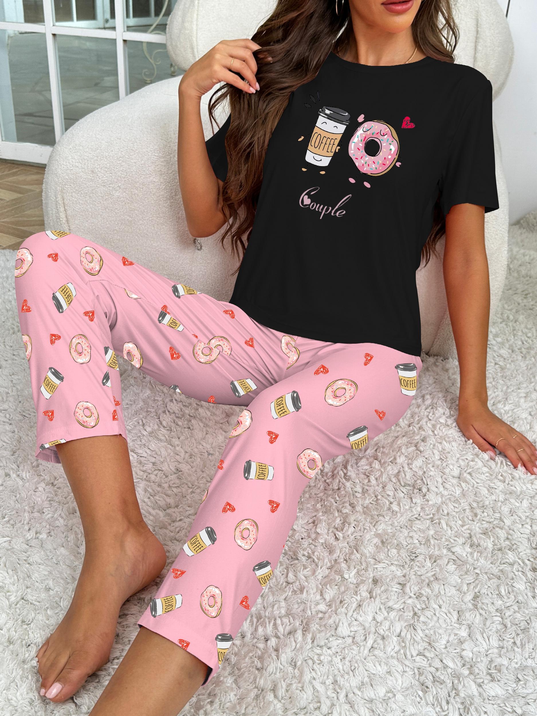 Donut Print Pajama Set Short Sleeve Crew Neck Top & Elastic Waistband Pants