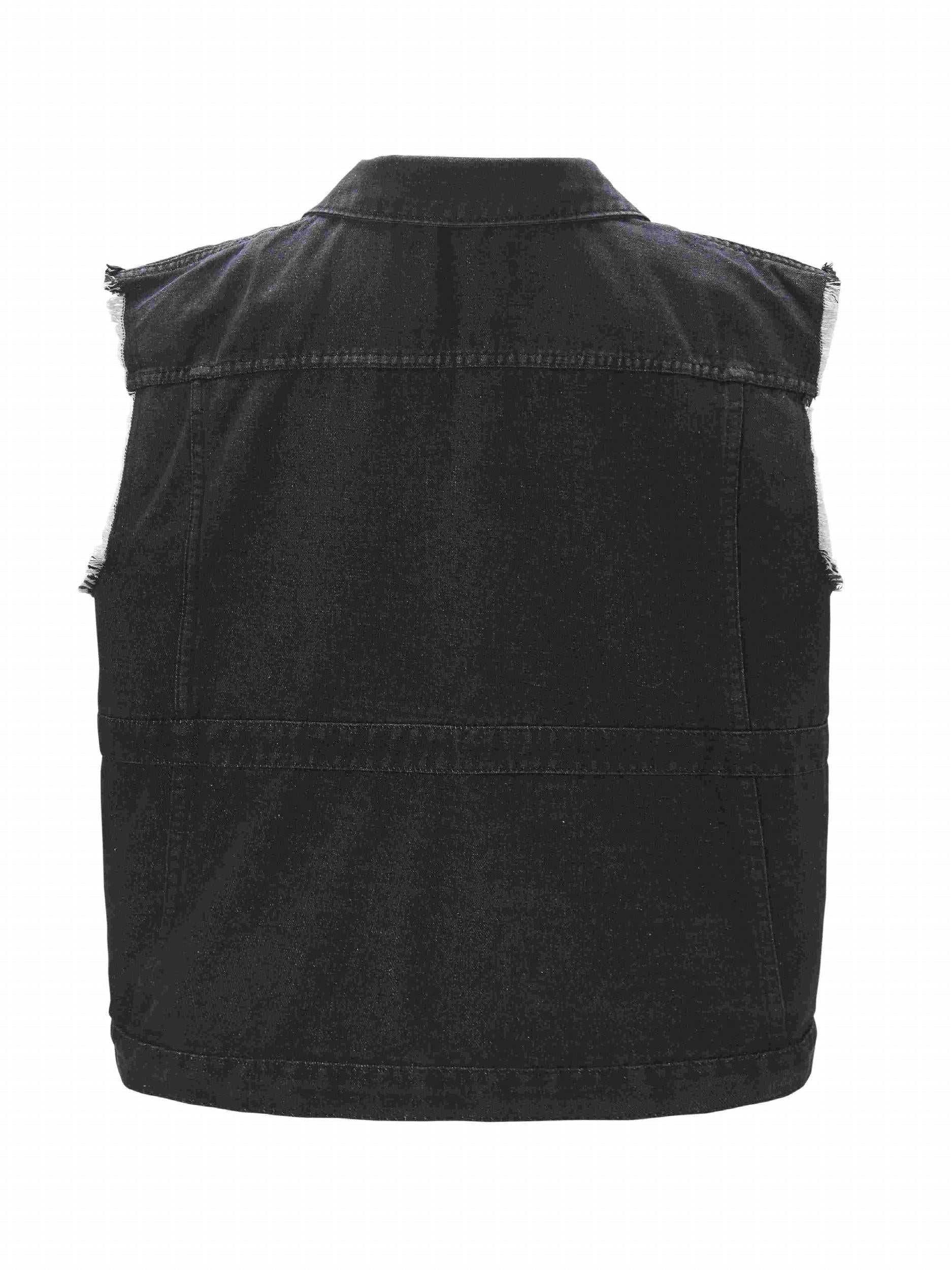 Denim Vest Fringe Trim Button Front Slim Fit Casual Jean Vest