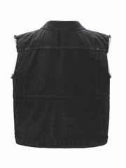 Denim Vest Fringe Trim Button Front Slim Fit Casual Jean Vest