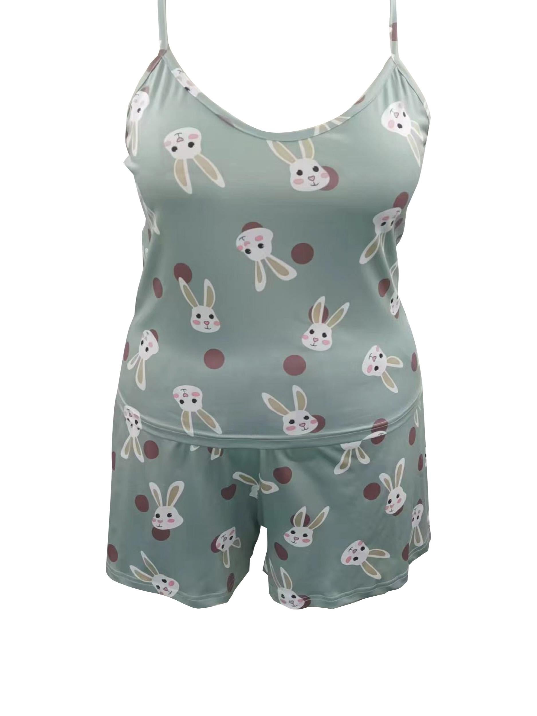 Cartoon Rabbit Print V Neck Cami & Shorts Plus Size Pajama Set