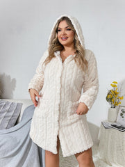 Ribbed Long Sleeve Hooded Button Up Flannel Loungewear Robe