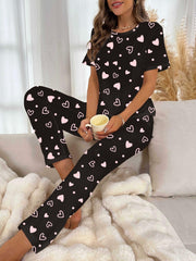 Heart Print Pajamas Set Short Sleeve Tee & Lounge Pants PJ Set Women's Sleepwear