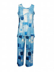 Patchwork Print Two piece Set Casual Sleeveless Tank Top & Wide Leg Pants
