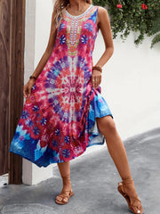 Tie Dye Floral Print V Neck Midi Tank Dress