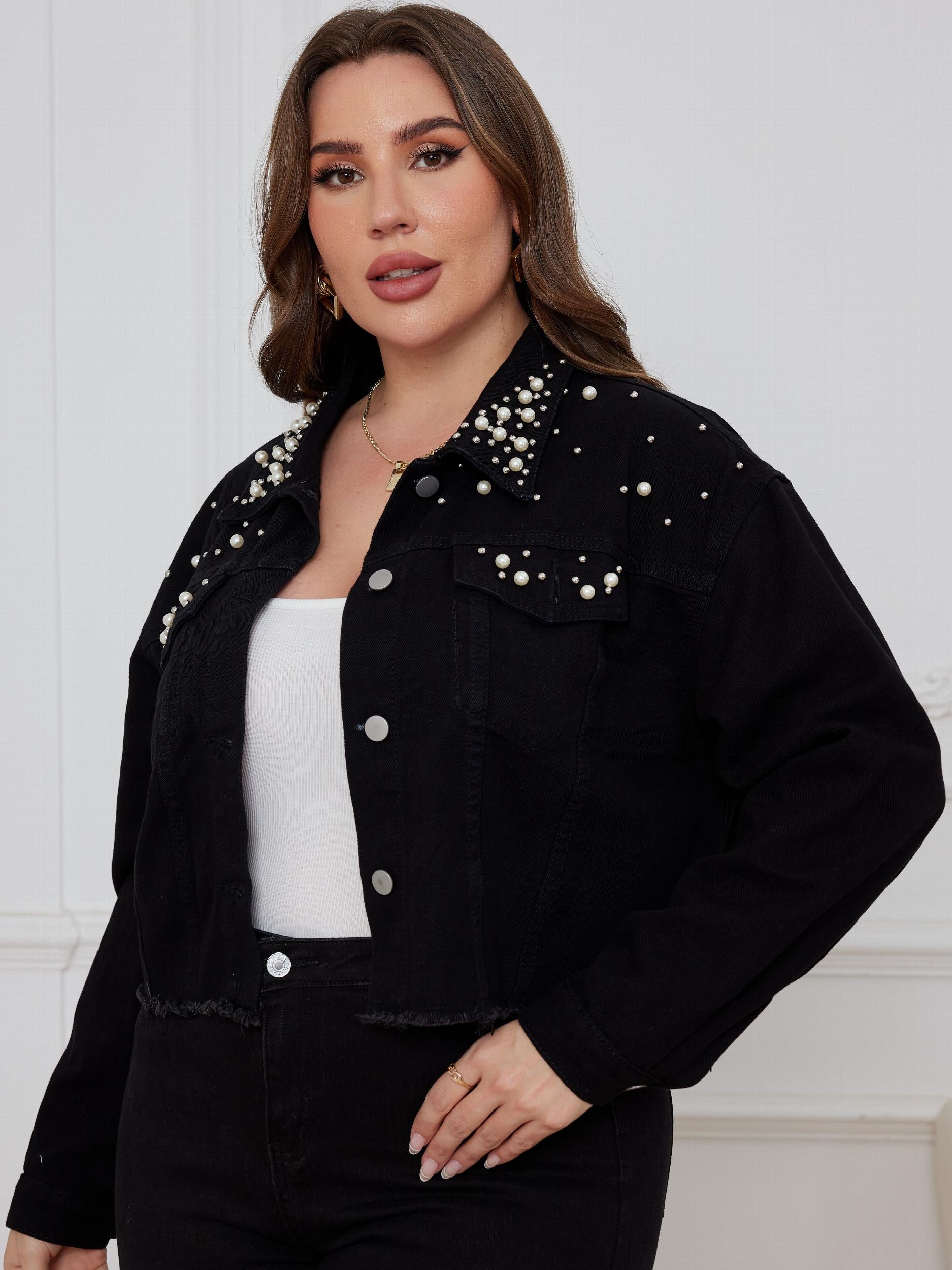 Casual Denim Top Women's Plus Solid Button Up Long Sleeve