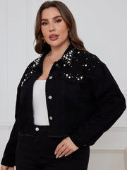 Casual Denim Top Women's Plus Solid Button Up Long Sleeve