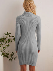 Ribbed Turtleneck Sweater Dress Slim Fit Long Sleeve Midi Dress