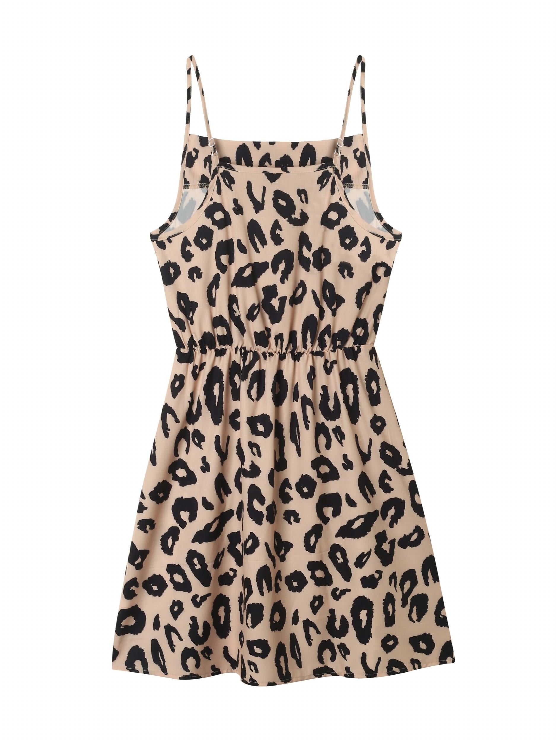 Leopard Print Spaghetti Dress Sexy Draped Sleeveless Slim Waist Mini Dress
