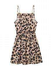 Leopard Print Spaghetti Dress Sexy Draped Sleeveless Slim Waist Mini Dress