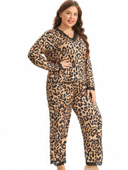 Sexy Pajama Set Leopard Print Lace Trim Top & Pants Two Piece
