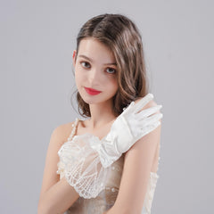 Sweet Satin Short Gloves Wedding Lace Edge Bow Decorative Gloves