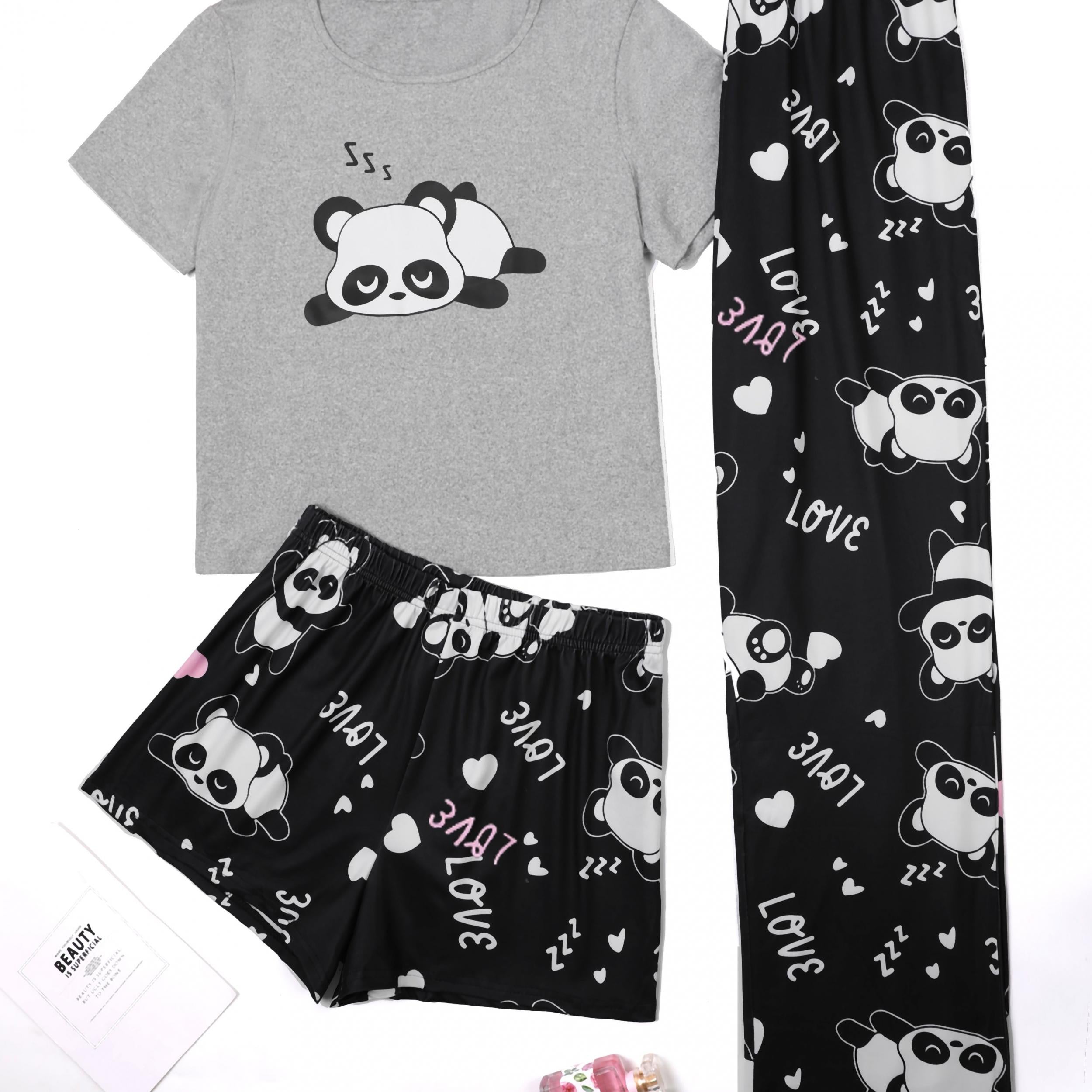 Panda Print Loungewear Set with Tee, Shorts & Pants